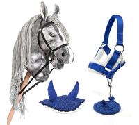 Hobby Horse Gris pommelé avec bridon + Licol moumoute + Longe + Bonnet Bleu. Cheval bâton avec Accessoires Bleus
