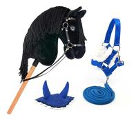 Hobby Horse Land Black Star A3 - Cheval Bâton avec Filet et Set Bleu | Filet inclus + Set licol, longe et bonnet anti-insectes Bleu. Bâton fixe en bois. Dès 5 ans. Crinière douce et réaliste.