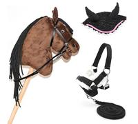 Hobby Horse Marron Bai + Licol, Longe et Bonnet Noir Liseret Rose - Cheval bâton avec Accessoire