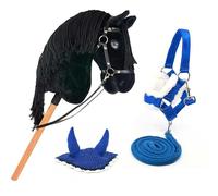 Hobby Horse Noir A3, Cheval bâton Complet avec Filet, Mors, rênes, Licol et Bonnet Anti-Insectes Bleu. Tête de Cheval bâton pour Hobby Horsing Enfants et Adolescents - Black Star