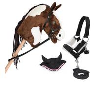 Hobby Horse Pie Mustang + Licol, Longe et Bonnet Noir Liseret Rose - Cheval bâton avec Accessoire
