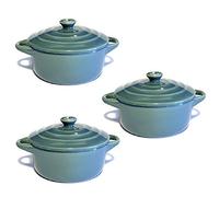 Hobby Tech Lot de 3 Mini Cocottes Grises Céramique Double Poignées avec Couvercle 13,5cm x 8cm Contenance Moule 200ml Ramequin Résistant Haute Température Four pour Petits Plats (Grise, Lot de 3)