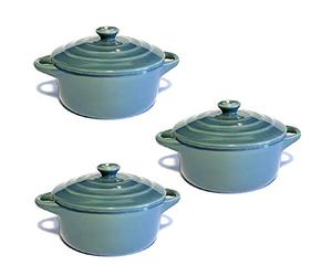 Hobby Tech Lot de 3 Mini Cocottes Grises Céramique Double Poignées avec Couvercle 13,5cm x 8cm Contenance Moule 200ml Ramequin Résistant Haute Température Four pour Petits Plats (Grise, Lot de 3)