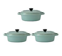 Hobby Tech Lot de 3 Mini Cocottes Ovales Bleues Turquoises Céramique Double Poignées avec Couvercle 14cm x 6,3cm Contenance Moule 150ml Ramequin Résistant Haute Température Four Petits Plats