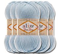 Hobby YARN Alize 5 x 100 g Baby Best Laine Turque Premium en Coton et Acrylique Uni Fil à Tricoter à la Main Fil à Tricoter Bébé Laine Uni Bébé pour Crochet Écharpes à Tricoter (Bleu Clair, 183)