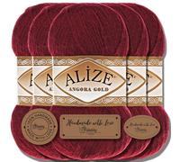 Hobby YARN Alize 5x 100g Angora Gold Laine Premium Turque de Mohair Fine et Laine Vierge | Fil pour Bébés | Pour Tricoter, Uni Yarn (Borgoña | 57)