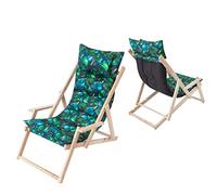 HOBBYGARDEN Chaise longue de jardin, réglable, en bois, avec coussin et appui-tête, pliable, 53 x 101 x 94 cm, chaise longue confortable, pour meubles de balcon et terrasse, motif : feuilles bleues