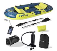 Hoberg Bateau pneumatique 4 Places YPP-4" | pour 4 Personnes | Dimensions 322 x 165 cm & Charge maximale 360 kg | avec 2 bancs, 2 pagaies, Pompe, kit de réparation & Autres Accessoires [Bleu/Jaune]