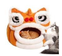 Hobngmuc Lit pour Chat À Tête De Lion - Lit Semi-Fermé en Peluche avec Coussin pour Chats Et Chiens, Maison pour Chien Thème Nouvel an Chinois, Retraite Chaleureuse À Thème Festif pour Petits Animaux