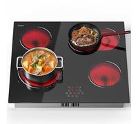 Hobsir Plaque Vitrocéramique 4 Feux, 60 cm Plaque de Cuisson Electrique Encastrable, 6600W Table de Cuisson électrique Contrôle Tactile avec Zone Ovale et Double Zone, Minuterie, Sans Prise