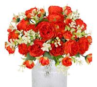 Hobyhoon 4 bouquets de pivoines artificielles pour décoration, roses fausses, bouquet artificiel aspect soie véritable pour vase, décoration de mariage, décoration de maison (Rouge orangé)