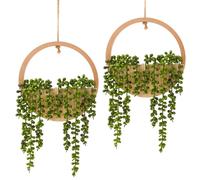 Hobyhoon Plante succulente Artificielle à Suspendre - 30,5 cm - dans Un Pot en Bois - Décoration Murale intérieure et extérieure (Bois, 2 pièces)