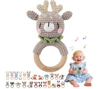 Hochet Bebe & Anneau Dentition Bebe Bois Personnalisé avec Nom Gravé, Hochet Peluche Jouet Bébé 0-12 Mois, sans BPA, pour Dentition Développement Sensoriel Auditif Bébé, Cadeau Baby Shower (10)