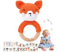 Hochet Bebe & Anneau Dentition Bebe Bois Personnalisé avec Nom Gravé, Hochet Peluche Jouet Bébé 0-12 Mois, sans BPA, pour Dentition Développement Sensoriel Auditif Bébé, Cadeau Baby Shower (14)