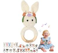 Hochet Bebe & Anneau Dentition Bebe Bois Personnalisé avec Nom Gravé, Hochet Peluche Jouet Bébé 0-12 Mois, sans BPA, pour Dentition Développement Sensoriel Auditif Bébé, Cadeau Baby Shower (06)