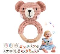 Hochet Bebe & Anneau Dentition Bebe Bois Personnalisé avec Nom Gravé, Hochet Peluche Jouet Bébé 0-12 Mois, sans BPA, pour Dentition Développement Sensoriel Auditif Bébé, Cadeau Baby Shower (08)