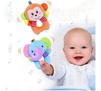 Hochet Bébé en Peluche - Animaux Doux - Jouet Sensoriel pour Bébés - 2 Pcs (Singe, Éléphant)