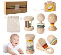Hochet en bois pour bébé, ensemble de 7 hochets Montessori naturels et biologiques, bâton de pluie, cloche à main, boule sable, jouets pour nouveau-nés, garçons et filles