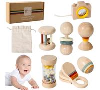 Hochet en bois pour bébé, hochet naturel biologique avec bâton de pluie, cloche à main, boule de sable Montessori en bois pour garçons et filles, jouets jeu d'anniversaire.