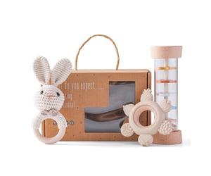 Hochets Bébé 0-3-6-9 Mois - 3 Pièces Set Hochets et Anneau de Dentition avec Hochet en Crocheté et Jouet en Bois, Jouet Montessori 0-12 Mois Cadeau Nouveau-Né (Beige + tube sonore de pluie)
