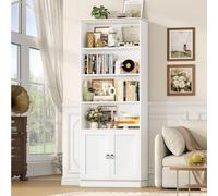 HOCSOK 188 cm Bibliothèque, Étagère sur 7 Niveaux, Bibliothèque avec Portes | Meuble de Rangement Ouvert avec Grain Bois, pour Salon, Bureau, Salle à Manger, Blanc, 30 x 60 x 188 cm