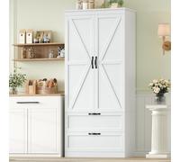 HOCSOK Armoire Cuisine, Buffet Cuisine avec 2 Portes et 2 Tiroirs, Vaisselier Haut avec Poignée en Métal Rétro, Etagères Réglables, Moderne, Blanc