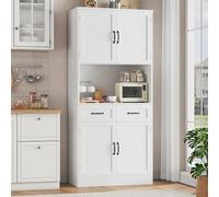 HOCSOK Buffet Haut Cuisine, 180 cm Armoire Cuisine avec 4 Portes et 2 Tiroirs, Meuble de Rangement avec Etagères Réglables, Vaisselier Vitrine, Blanc