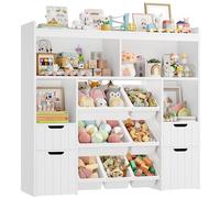 HOCSOK Meuble Rangement Enfant avec 4 Tiroirs, Rangement Chambre Enfant | 122cm Enfant Bibliothèque avec Roulants et 7 boîtes en plastique, Étagère à Jouets pour Enfants,euble pour Chambre d’Enfant