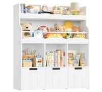 HOCSOK Meuble Rangement, Enfant Rangement Jouet Enfant avec Étagères 3 Tiroirs Roulants Bibliothèque pour Chambre d’Enfant, Blanc, 110x100x30cm