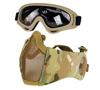 Hodeacc Ensemble Masque et Lunettes pour Airsoft,Demi-Visage en Maille métallique avec Protection des Oreilles,Lunettes Anti-UV pour Airsoft,Protection des Yeux pour extérieur Chasse,Jeu CP