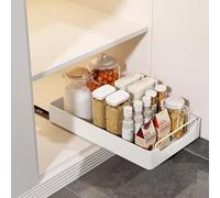 Hodeffior Tiroir Coulissant Cuisine, Organiseur de Placard Coulissant Fixe avec Film Adhésif - Extensible Etagere Tiroir Telescopique Cuisine pour Placard - 25 x 43 x 7 cm (L x P x H) - Blanc