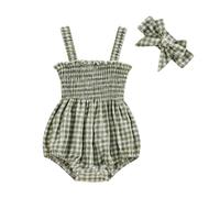 HodJIU Barboteuse Bébé Fille Eté à Carreaux Grenouillère à Bretelles Jumpsuit avec Bandeau Ensemble Chic Nouveau-né (Vert Plaid, 6-12 Months)
