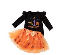 HodJIU Déguisement Halloween Bébé Fille Tenue My First Halloween Ensemble de Vêtements 3pcs Barboteuse + Tutu Jupe + Bandeau Costume Set Nouveau-né (Orange, 6-9 Months)