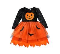 HodJIU Déguisement Halloween Bébé Fille Vêtements Imprimé Citrouille Robe Tutu à Manches Longues Costume d'halloween Enfant Fillette (Orange, 5-6 Years)
