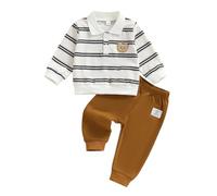 HodJIU Ensemble Automne Bébé Garçon 2 Pièces, Polo Rayé Blanc et Noir à Manches Longues avec Badge Ours, Pantalon Marron à Taille Elastique, 6 Mois-3 Ans (Kaki, 12-18 Mois)