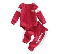 HodJIU Ensemble Bébé Garçon 2 Pièces en Tricot Matelassé, Body à Manches Longues avec Broderie Ours, Pantalon Taille Elastique, Magenta, 6-9 Mois