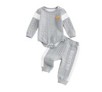 HodJIU Ensemble Bébé Garçon 2 Pièces en Tricot Matelassé, Body à Manches Longues avec Broderie Ours, Pantalon Taille Elastique, Gris, 9-12 Mois