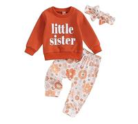 HodJIU Ensemble de Vêtements Bébé Fille 3pcs Sweat Manches Longues + Pantalon à Fleurs + Bandeau Ensemble Grande Soeur Petite Soeur (Little Sister, 12-18 Mois)