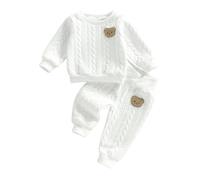HodJIU ensemble garcon bebe 3 Pièces en Tricot Matelassé, Body à Manches Longues avec Broderie Ours, Pantalon Taille Elastique, jogging bébé garçon, Blanc-B, 6-9 Mois
