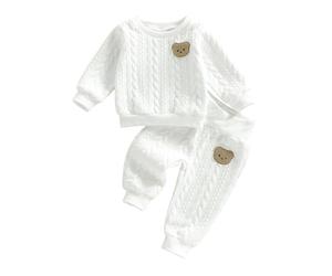 HodJIU ensemble garcon bebe 3 Pièces en Tricot Matelassé, Body à Manches Longues avec Broderie Ours, Pantalon Taille Elastique, jogging bébé garçon, Blanc-B, 6-9 Mois