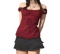 HodJIU Haut court à manches longues en dentelle Y2K avec motif grunge féérique, tee-shirt patchwork slim fit, mignon, esthétique Kawaii, streetwear, décontracté, 2 pièces, e-rouge, M