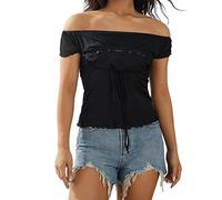 HodJIU Haut court à manches longues en dentelle Y2K avec motif grunge féérique, tee-shirt patchwork slim fit, mignon, esthétique Kawaii, streetwear, décontracté, 2 pièces, E-black, S