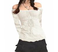 HodJIU Haut court à manches longues en dentelle Y2K avec motif grunge féérique, tee-shirt patchwork slim fit, mignon, esthétique Kawaii, streetwear, décontracté, 2 pièces, d-blanc, S