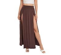 HodJIU Jupe longue fendue pour femme - Taille haute - Uni - Deux fentes latérales - Pour la plage, kaki, S