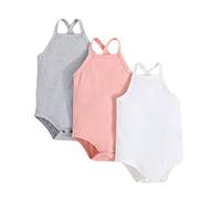 HodJIU Lot de 3 Body Bébé Fille à Fines Bretelles sans Manches Bodies Grenouillère d'Eté en Tricot Côtelé de Couleur Unie (B, 12-18 Mois)