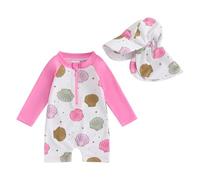 HodJIU Maillot de Bain Bébé Fille Anti-UV Combinaison Natation Piscine à Manches Longues + Chapeau de Bain Ensemble Swimwear Nouveau-né (Rose Coquillages, 0-3 Months)