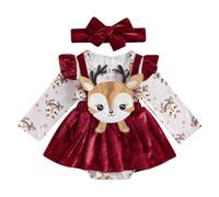 HodJIU Robe de Princesse Bébé Fille à Carreaux Rouge Manches Longues pour Mariage, Soirée, Fête, Noël - Tenue Hiver Décontractée + Bandeau (Rouge Renne, 3-6 Months)