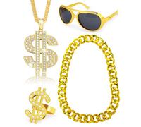 Hoedia Lot de 4 costumes hip-hop des années 80 et 90 avec fausses chaînes dorées, lunettes de soleil côté or, bague de doigt avec signe dollar pour homme et femme