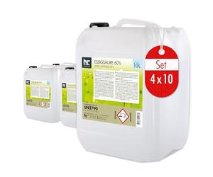Höfer Chemie Acide Acétique 60% 4 x 10 L - Nettoyant Détartrant Puissant pour Ménage et Industrie, Fabrication Allemande de Qualité Supérieure, Biodégradable et Économique