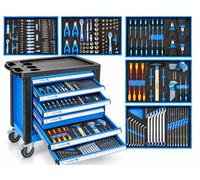 Högert Technik Chariot à Outils 214 pièces rempli, 6 tiroirs, verrouillable | Pour le service automobile, l'atelier et le garage : corps en acier, plan de travail ABS, guides à billes et roulettes en PVC